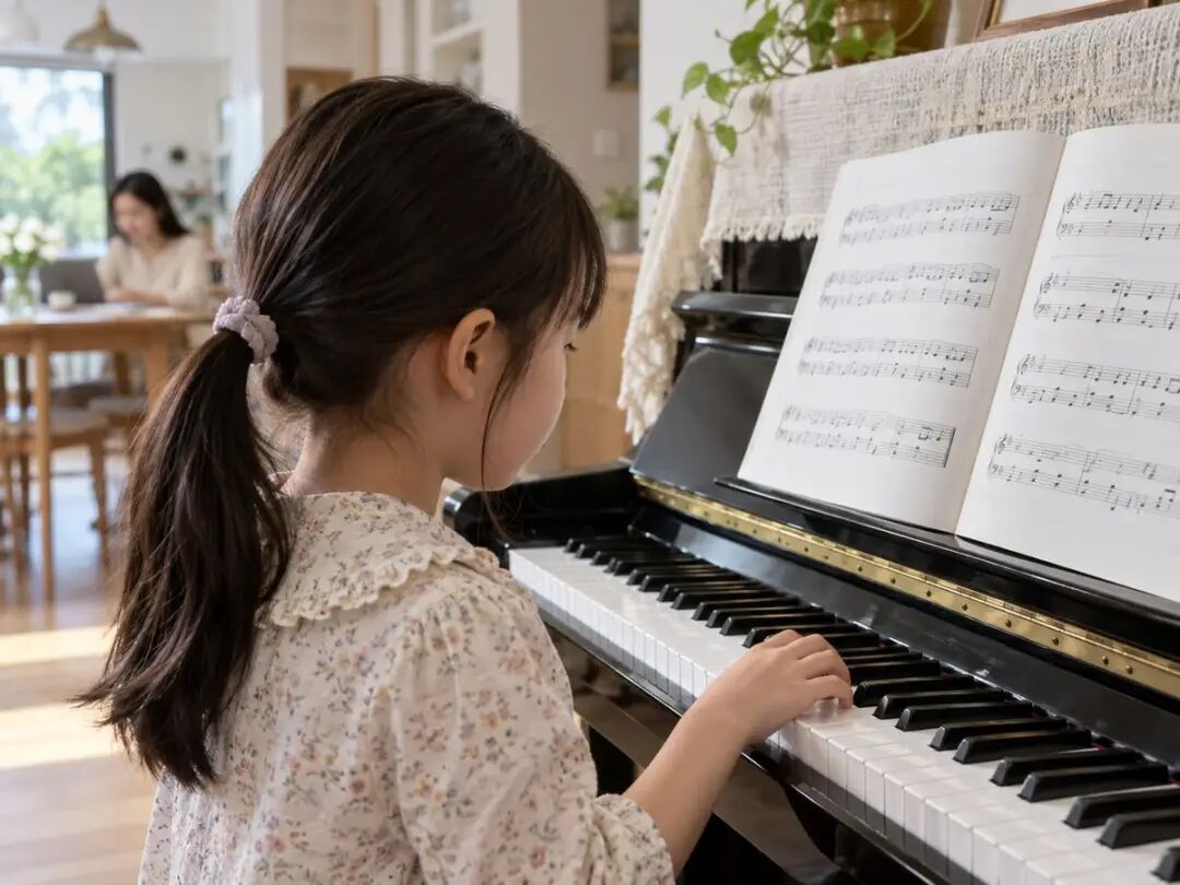 孩子对着谱子独立寻找需要重试的音