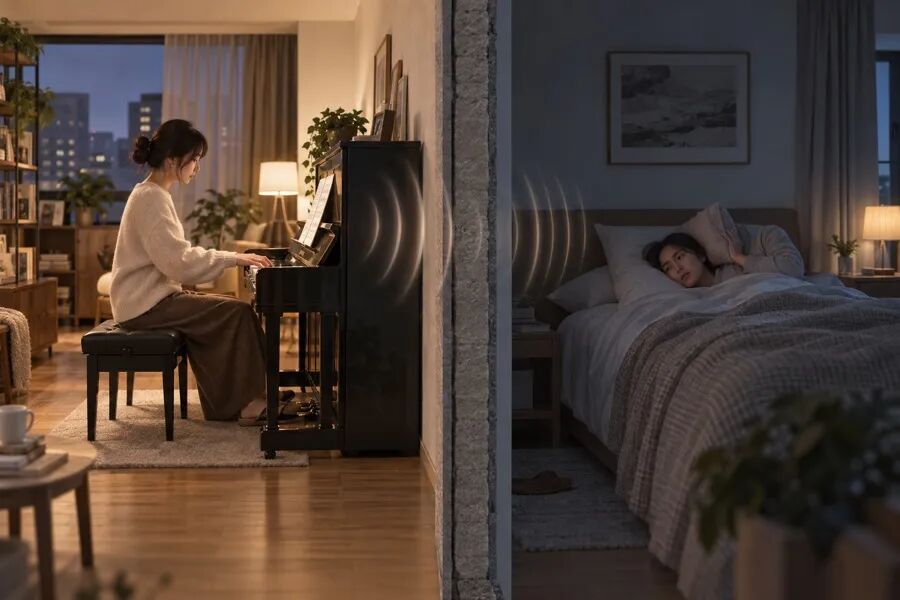 同一栋住宅中钢琴声穿过墙面影响邻居休息的剖面式场景，表现生活冲突而非夸张争吵