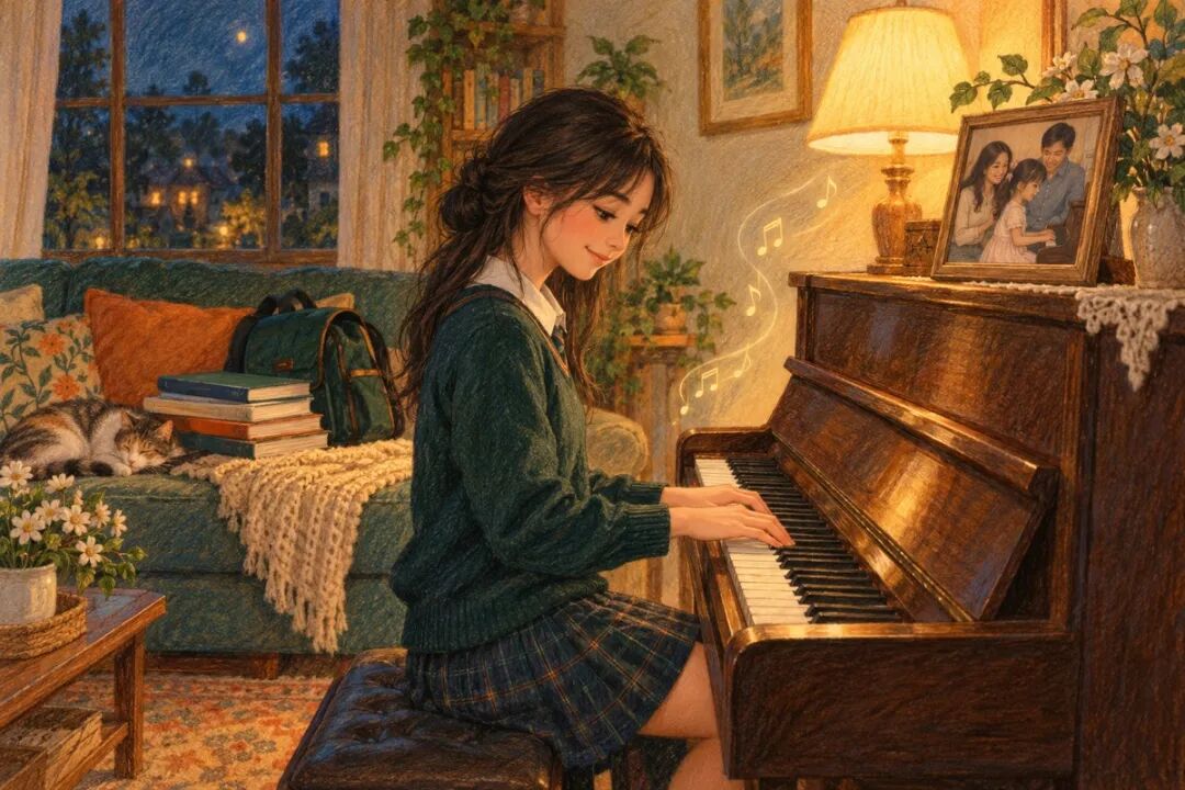 彩铅插画:深夜做完功课的 15 岁女孩坐在立式钢琴前笑着弹琴,书包和课本放在沙发上,琴上摆着她小时候和爸妈在这架琴前的合影。