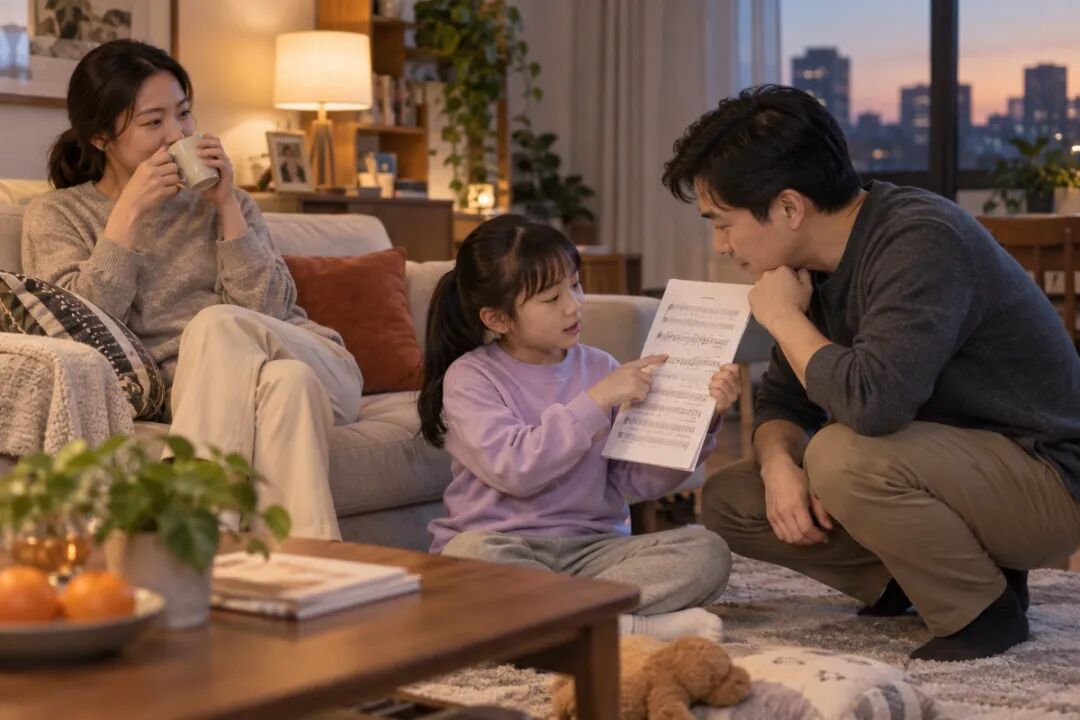 傍晚客厅中景,妈妈在沙发一端休息喝水,爸爸蹲下听孩子介绍今晚练习的内容,儿童指着自己手里的谱,钢琴不在画面里。