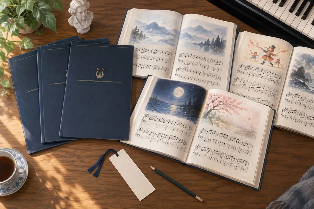 桌上一边是几本深蓝色封面的考级教材，一边摊开几本插画乐谱，示意孩子自己想弹的曲子也可以当一年的目标。