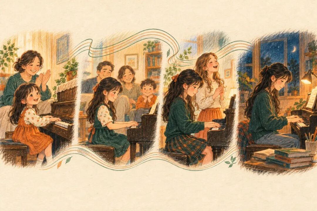彩铅时间线:同一个孩子从 5 岁玩琴、8 岁弹给家人听、11 岁给同学伴奏,到 14 岁做完作业自己弹琴,对应文末的音乐教育规划。
