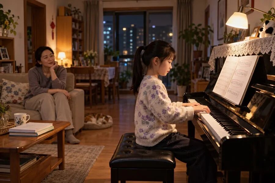 晚间作业后完成短时练琴的家庭场景