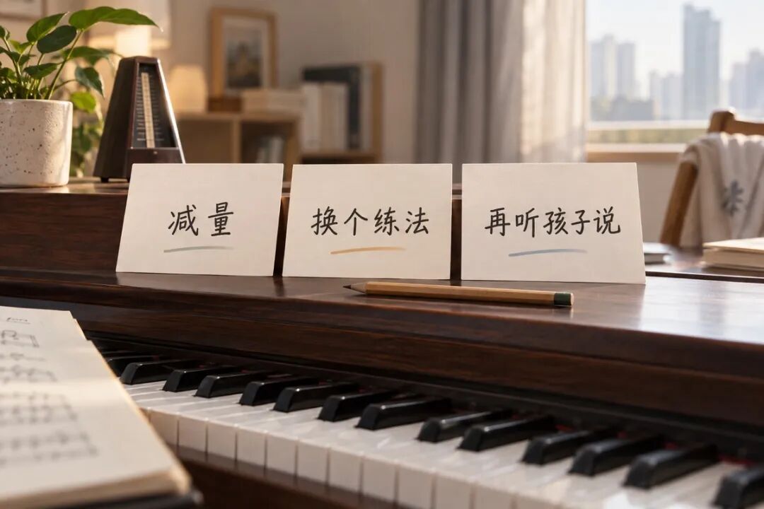 三张纸卡摆成由左到右的选择,准确中文仅“减量”“换个练法”“再听孩子说”,搭一支铅笔,极简清晰可读的信息静物,无流程数字。