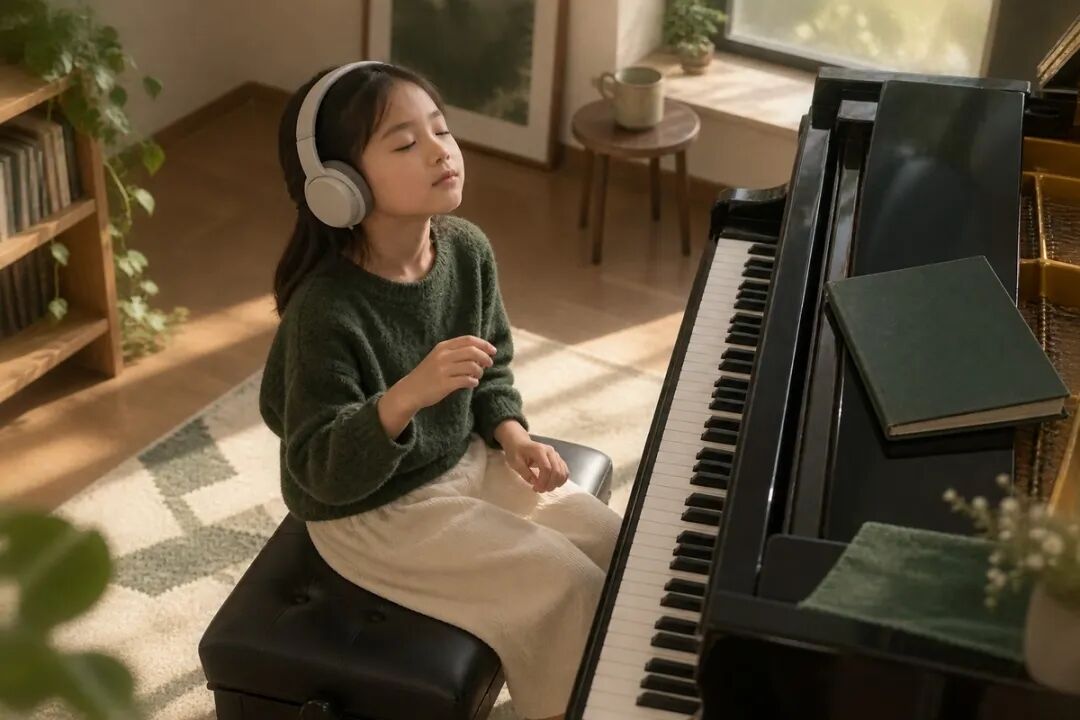 孩子闭着眼睛听琴，谱子合在一边