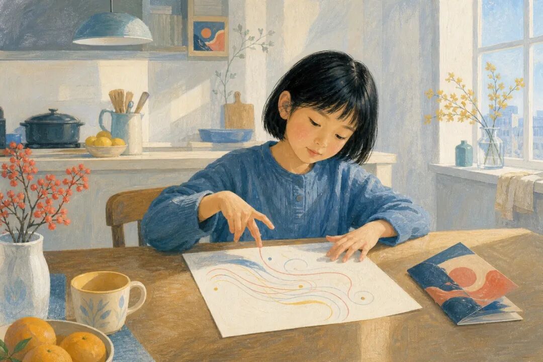 第二天清晨,孩子在家回想昨晚音乐会中记住的一段旋律
