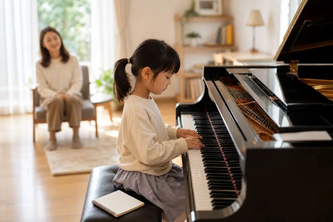 家长坐在钢琴旁，孩子停在一个小节前没有继续弹