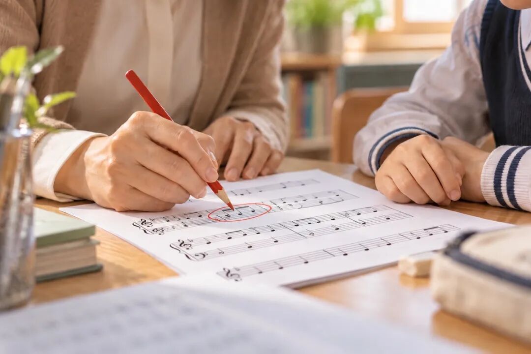 老师用红铅笔在五线谱上圈出一小节，学生坐在旁边看，示意好老师会讲清这周回家练哪儿。
