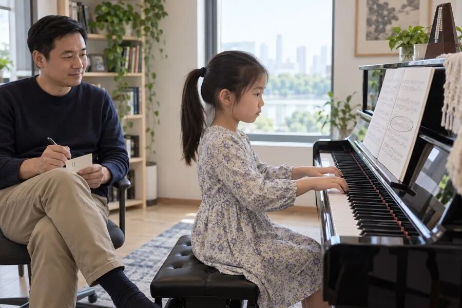 孩子放慢速度检查乐句稳定性的练琴场景
