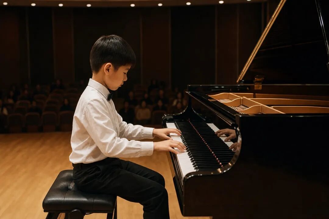 孩子坐在舞台钢琴前继续完成自己的演奏