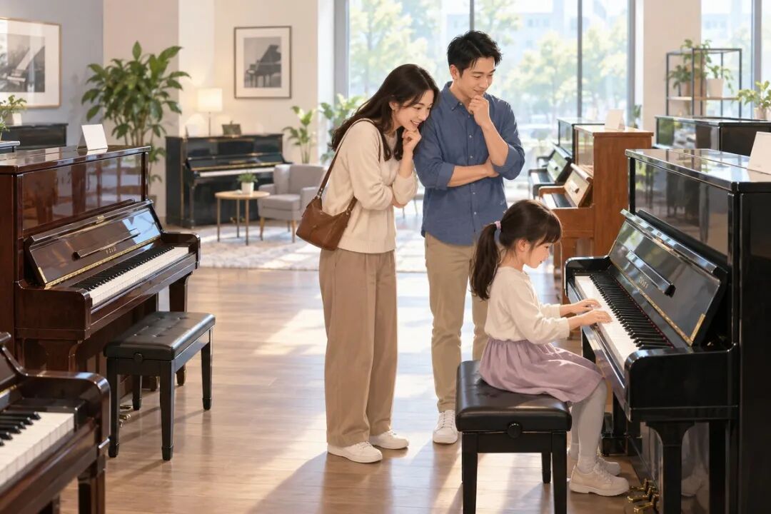 一家人在琴行里,女孩坐在琴前试弹,爸妈站在后面商量,示意先学一段再看要不要买。