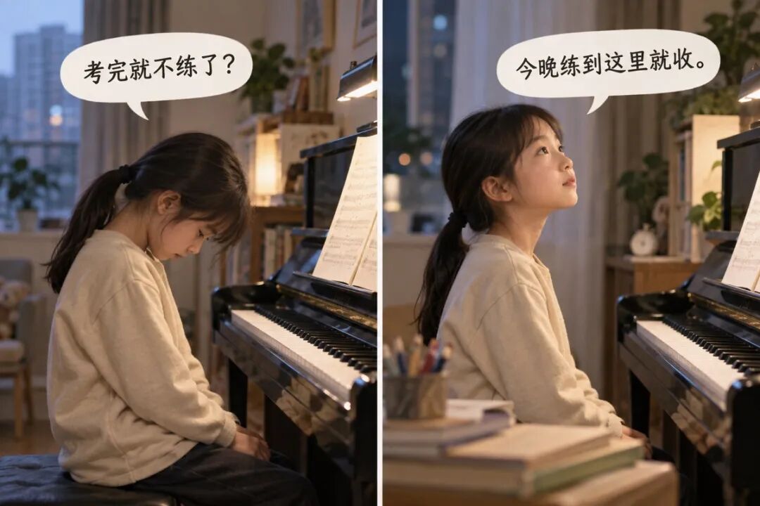两张对话卡的编辑插画,准确文字“考完就不练了?”和“今晚练到这里就收。”,小女孩剪影低头转为抬头,不做幼稚卡通、不夸张哭泣。