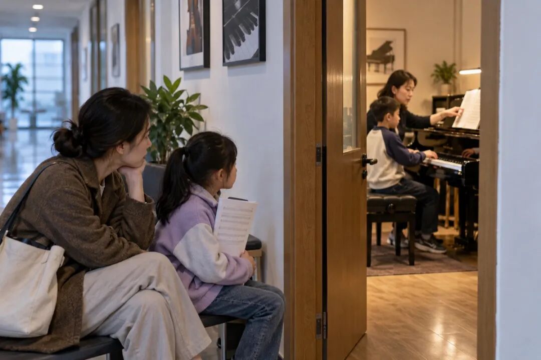 小型琴室门口候课的家长和孩子,门半开,老师在室内给另一位学生示范;走廊安静整洁,体现个别老师仍忙碌,不制造拥挤排队。