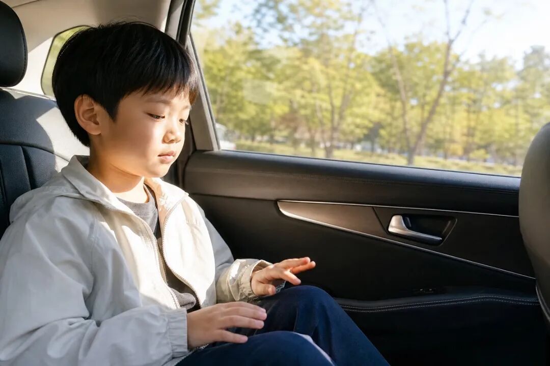 孩子坐在车窗边,再次播放熟悉的旋律