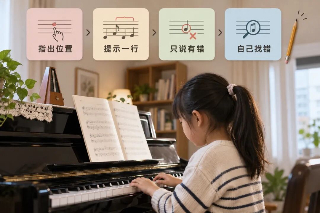 四张由密到疏的小提示卡横排,准确中文为“指出位置”“提示一行”“只说有错”“自己找错”,最右一支小铅笔,像编辑设计的清晰步骤卡。