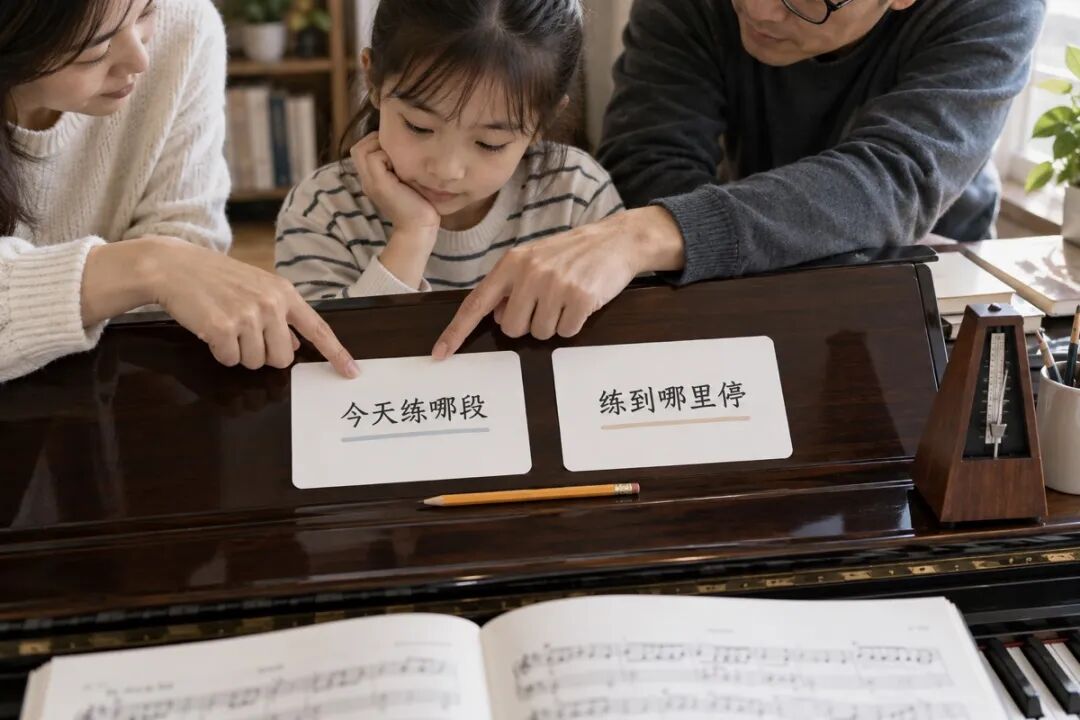 桌面信息型静物,两张干净卡片并排,中文只写“今天练哪段”和“练到哪里停”,一支铅笔横在下面,成年人的手指向同一张卡,体现规则一致。