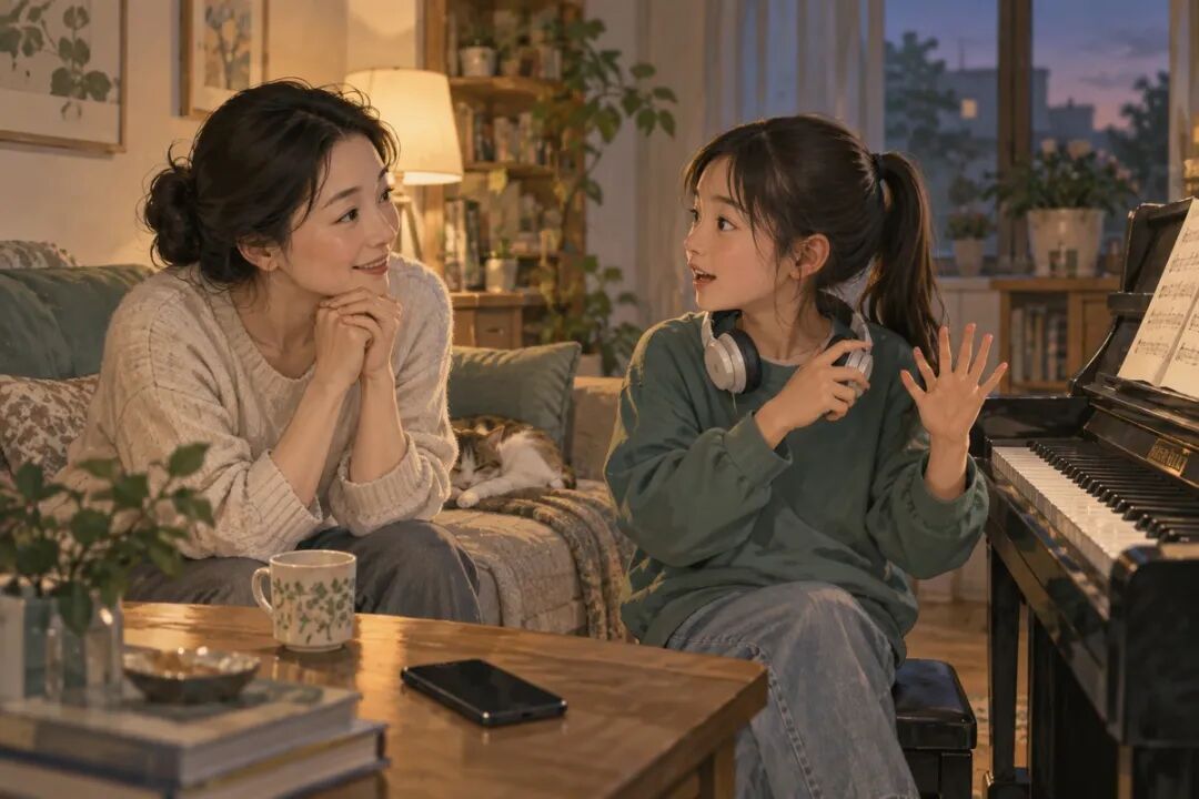 孩子练完后摘下耳机,向妈妈说起刚发现的问题