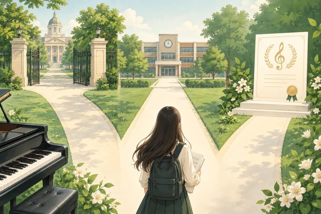 背着书包的女孩站在岔路口,一边通向学校,一边通向钢琴和证书,示意为升学学的琴要重新想想为什么学。