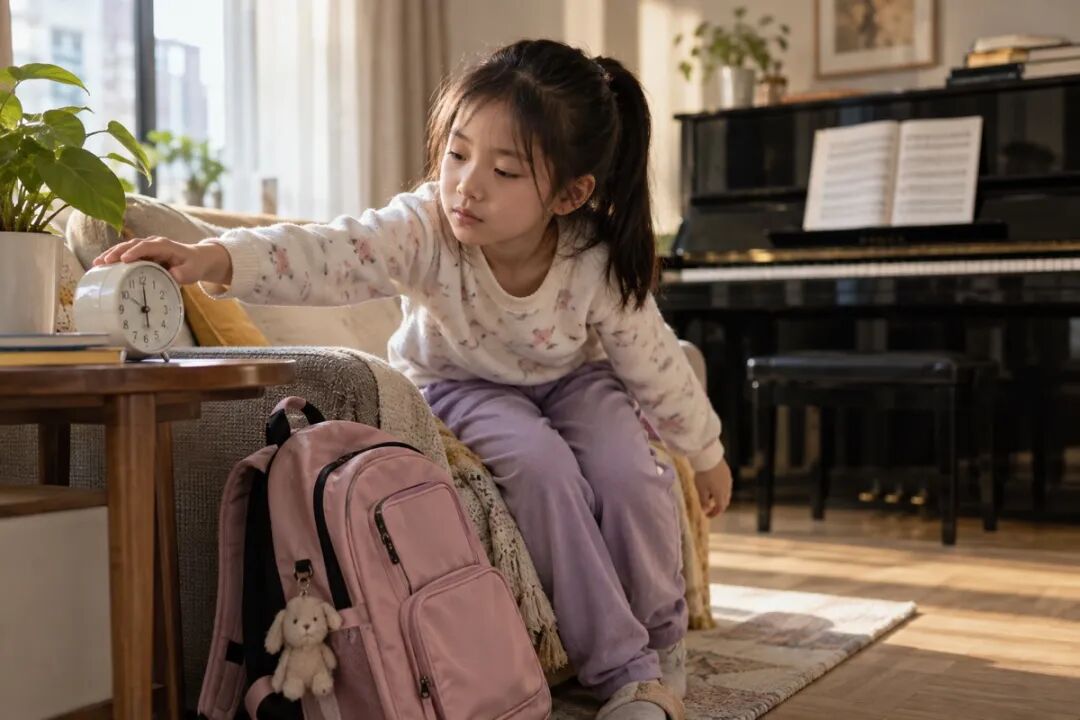 客厅边桌的简单闹钟和孩子放下的书包，孩子伸手关掉闹钟准备起身，焦点在开始动作而非练琴场景。
