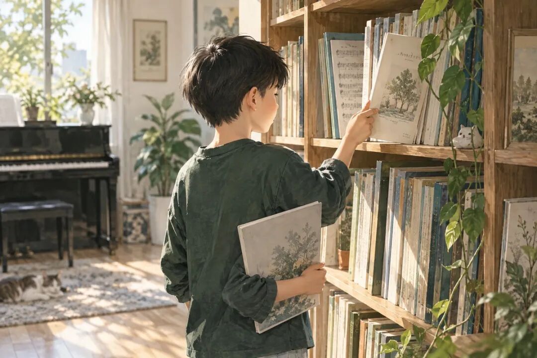 孩子独自在书架前挑选下一首想弹的曲子