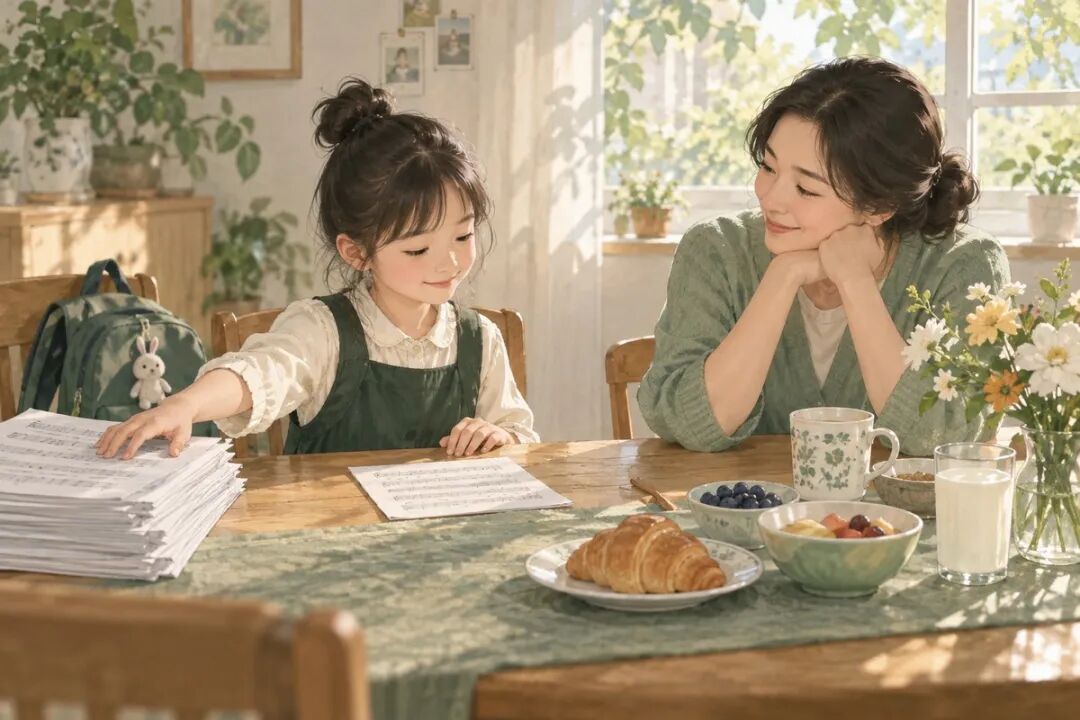 假期归来，孩子和妈妈挑出一张熟悉的小曲谱