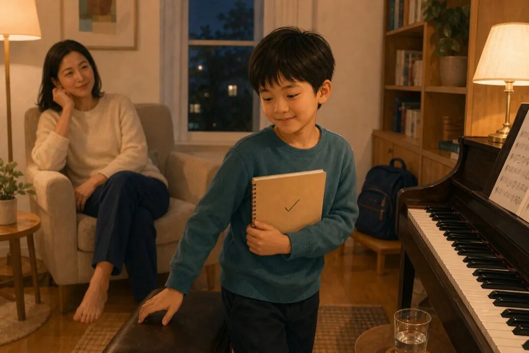 完成小任务后，孩子轻松离开琴凳