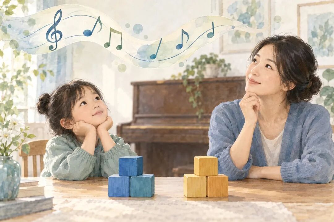 妈妈和女孩趴在桌边,面前是两组各三块的积木,像两个三音和弦,示意在家用两个和弦给旋律配伴奏。