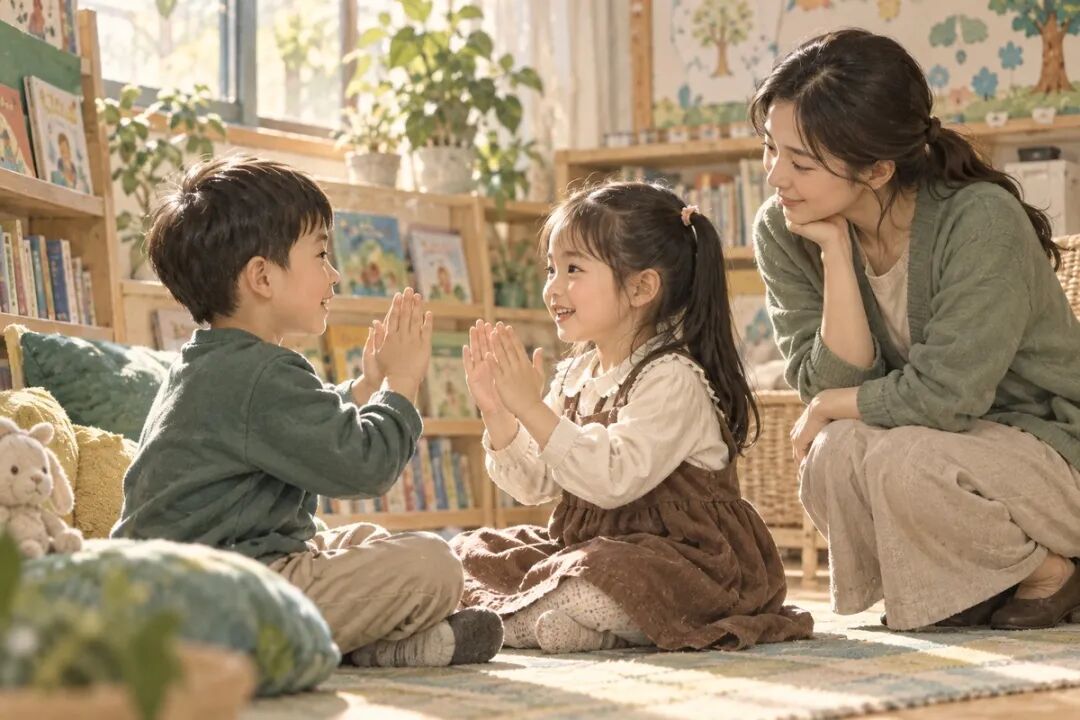 孩子在阅读角用节奏游戏交流,老师在旁倾听
