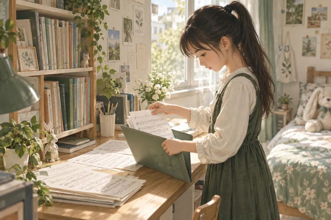 孩子把熟悉的曲谱收进作品文件夹