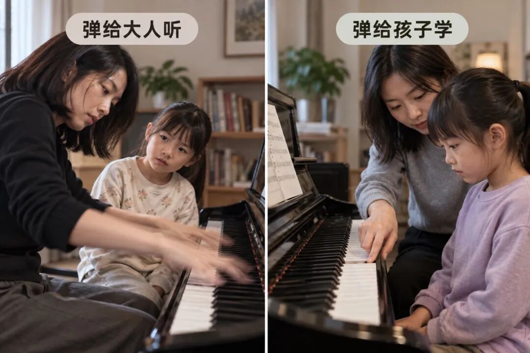 双格教学示意插画,左格成人手快速扫过整段键盘、孩子茫然;右格成人单指清楚示范两个音、孩子专注。标签仅“弹给大人听”和“弹给孩子学”,非App截图。