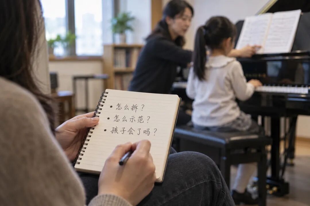 旁听家长手中的小笔记本特写,中文三行短问题“怎么拆?”“怎么示范?”“孩子会了吗?”,课堂在背景虚化;可执行观察清单。