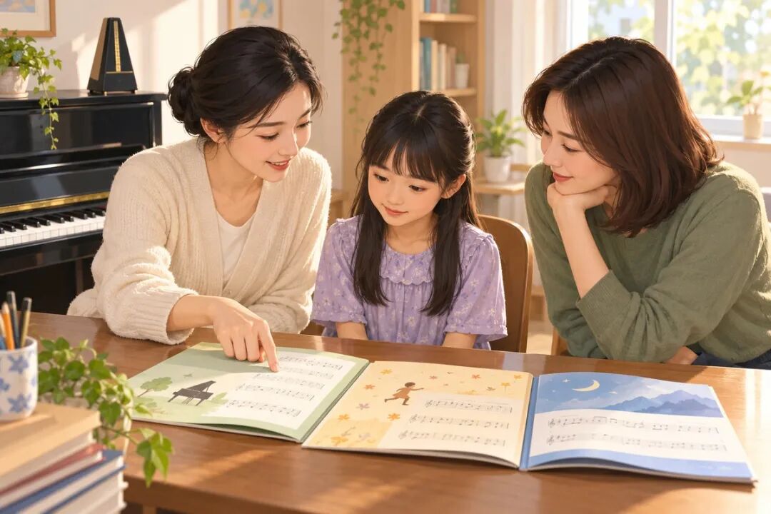 妈妈和老师陪女孩翻看几本教材,一起商量这次报几级。