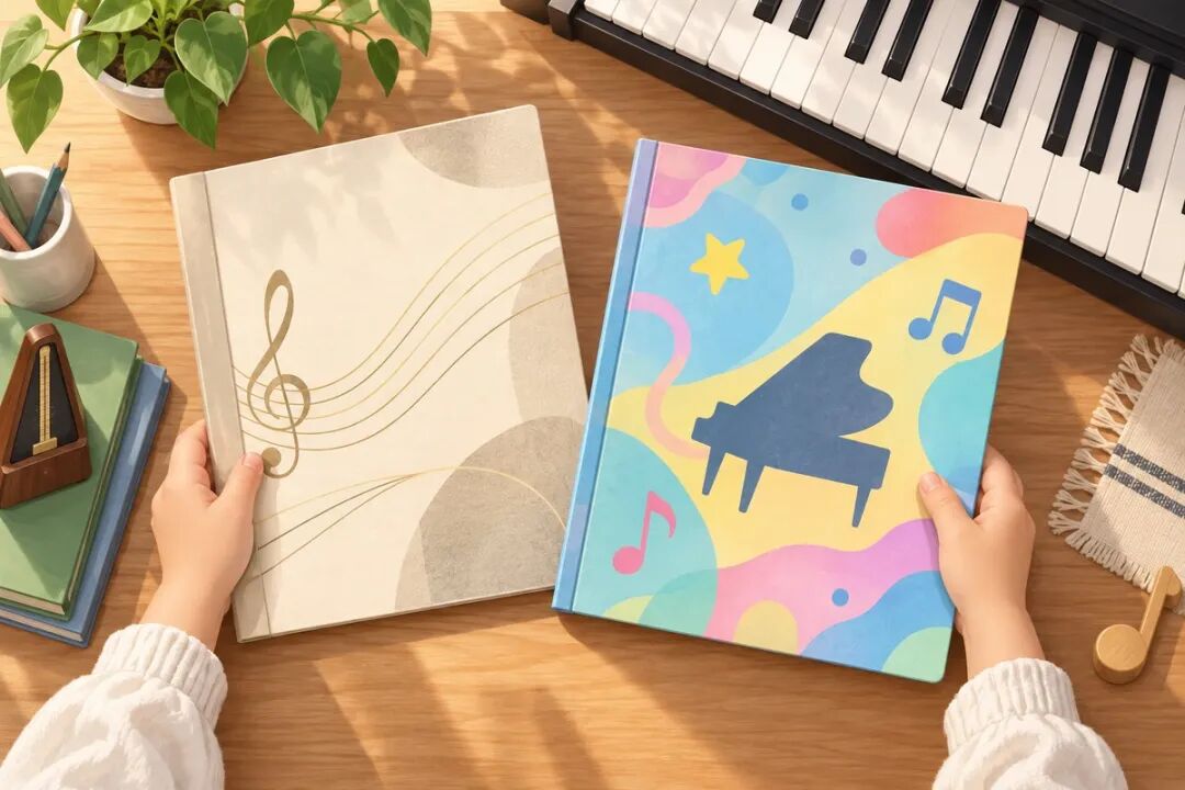 双手各拿一本乐谱,一本是古典曲集,一本是彩色的流行曲集,示意考试曲里可以换进流行曲。
